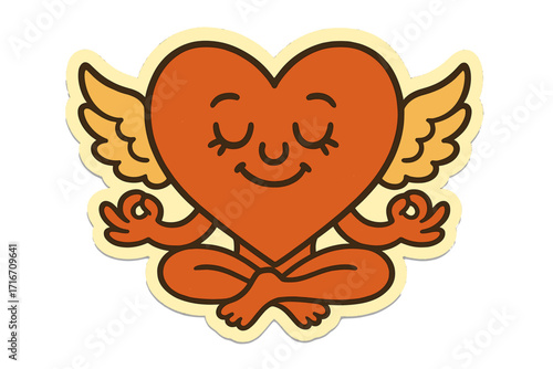 Groovy retro heart character meditating in lotus pose. Cartoon mascot with wings for self-love, relaxation, and peace. Vintage 70s sticker style for Valentine's Day.