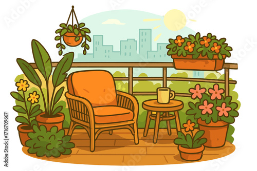 Cozy balcony garden with comfortable rattan furniture and vibrant plants in a sunny urban setting. Vector cartoon illustration of a terrace with city view. Home relaxation.