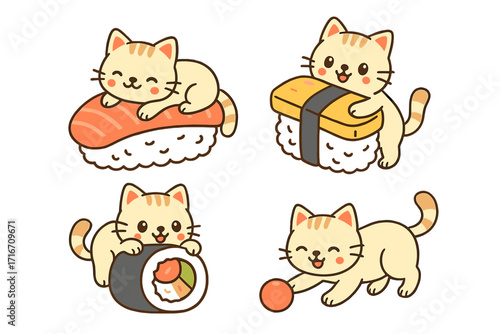 Set of cute cartoon cats playing with sushi. Kawaii kitten characters with Japanese food like salmon nigiri, maki roll, and tamago. Funny animal pet vector illustration.