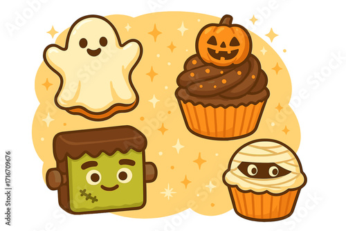 Set of cute Halloween desserts. Cartoon vector illustration of fun spooky sweets like a ghost cookie, Frankenstein cake, mummy and pumpkin jack-o'-lantern cupcake.