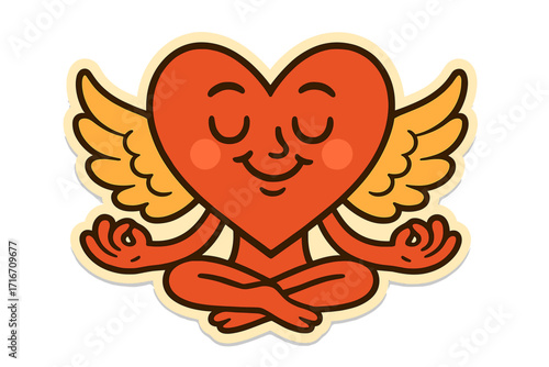 Groovy print with relaxing heart character in lotus position. Retro cartoon mascot with wings. Valentine's day, self-love, mental health concept in 60s 70s toons style.