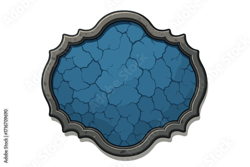 Vintage plaque with cracked blue stone texture and metallic frame. Blank retro sign for text, decorative banner, or game UI element. Old grunge award shield background.