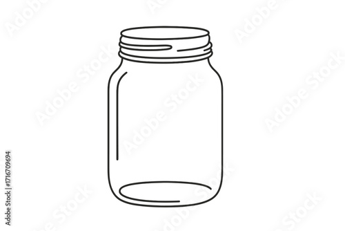 Glass mason jar line art vector illustration. Simple empty container for canning, preserving, jam, or pickles. Minimalist outline icon for kitchen and food storage concepts.