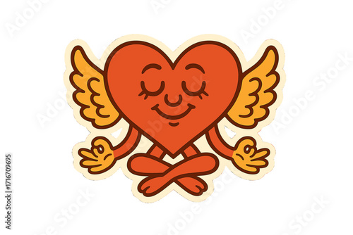 Groovy heart character in lotus position. Retro cartoon mascot with wings meditating. 60s 70s comic style for sticker or print. Yoga, relax, love, and peace concept.