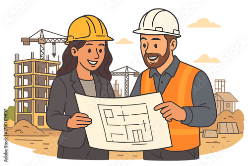 Engineers team reviewing architectural plan on construction site. Architect and builder discussing blueprint. Building project teamwork concept. Vector cartoon illustration.