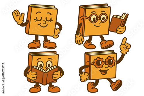 Groovy retro book characters mascot set. Vintage 70s cartoon characters for reading, library, book festival. Happy comic personages for education, learning, World Book Day.