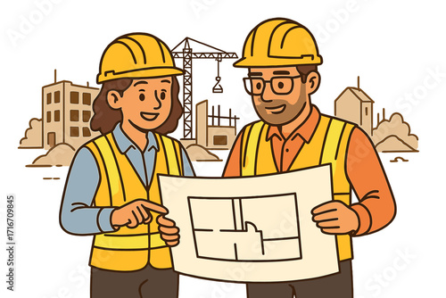 Two engineers discuss a building project, reviewing architectural plans on a construction site. Contractor and architect teamwork with blueprint. Real estate development concept.