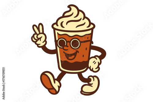 Groovy retro coffee person character. 70s vintage coffee mascot in a cup with whipped cream. Cool funny dude in 60s nostalgic cartoon style making a peace sign gesture.