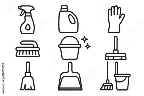 Essential cleaning supplies and tools icon set. Vector line art illustration for housekeeping service. Household hygiene, domestic work and sanitation equipment symbols.