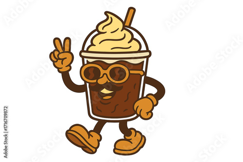 Groovy retro coffee mascot character. 70s vintage iced coffee person in plastic cup with cream. Funny cool dude in 60s nostalgic style showing peace sign. Vector cartoon.