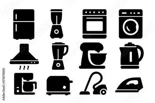 Kitchen and home appliances vector icon set. Black silhouette glyph style illustration of essential household electronics like fridge, oven, washer, blender and vacuum cleaner.