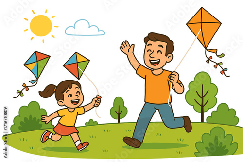 Happy family father and daughter flying kite in the park. Joyful parent and child outdoor summer activity. Childhood moments and leisure. Vector cartoon illustration set.