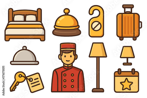 Hotel and hospitality service icon set. Vector cartoon collection for travel and tourism. Includes bed, luggage, concierge, bell, key, and do not disturb sign. Accommodation symbols.