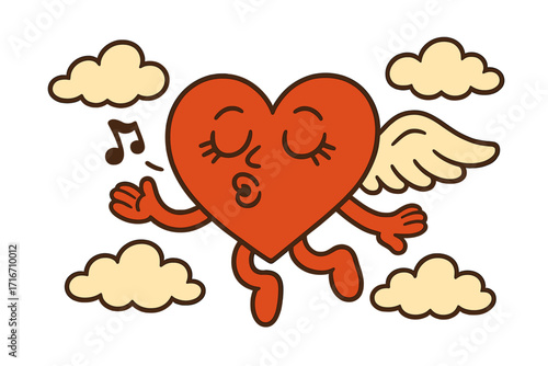 Groovy heart character flying. Love mascot with wings. Happy Valentines day card. Retro 60s 70s sticker. Whistling cupid. Comic personage. Cute romantic vector illustration.