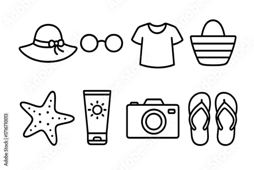 Beach vacation essentials icon collection. Minimalist line art vector set. Summer holiday symbols. Sun hat, glasses, shirt, bag, starfish, sunscreen, camera, flip flops.