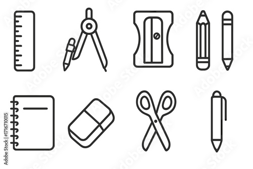 Essential school supplies line icon set. Back to school stationery items. Office and education outline symbols. Vector graphic elements of ruler, pencil, pen, notebook.