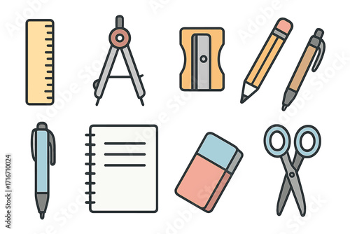 School supplies icon set. Flat line art of ruler, compass, sharpener, pencil, pen, notebook, eraser, scissors. Back to school stationery vector cartoon illustration.