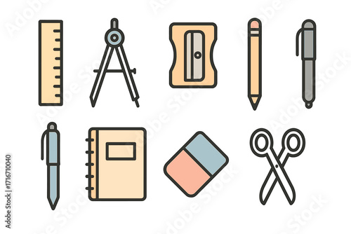 School supplies icons set. Office stationery collection in flat line art style. Vector illustration of ruler, pencil, pen, notebook, eraser, scissors, sharpener, compass.