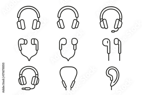 Headphones and earphones line icon set. Audio headset, music gadget, earbud pictogram collection. Simple linear outline symbol for UI, UX, web and app design. Editable stroke.