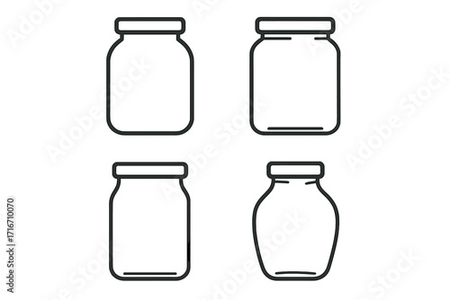 Set of glass jar line icons. Vector collection of empty pot and container outline symbols for kitchen, food storage, or canning. Simple minimal pictogram illustration pack.