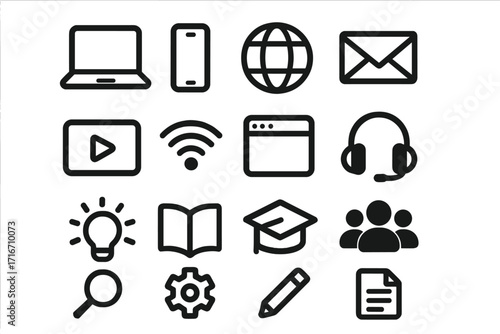 Technology and learning minimal line icon set. Vector icons for digital media, communication, e-learning, and business. Symbols for web design, online course, and mobile app.