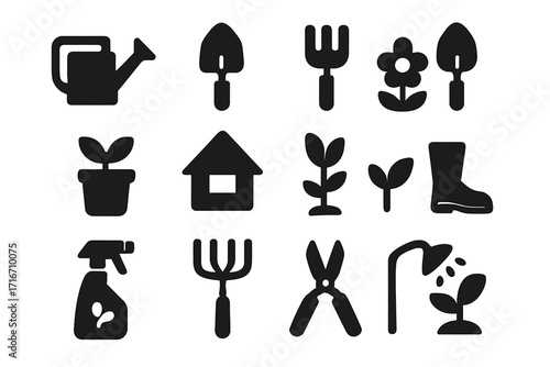 Gardening tool and equipment black silhouette icon set. Vector graphic symbols for horticulture, agriculture and farming. Minimalist illustration of plant, flower, shovel and rake.