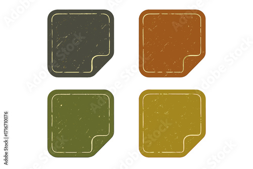 Set of grunge square stamps with peeled corner. Vintage distressed sticker collection. Retro textured blank labels. Vector illustration design element for promotion or badge.