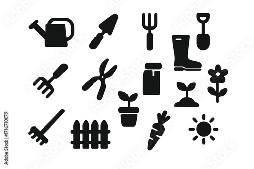 Gardening tools icon set. Garden equipment silhouette collection. Vector horticulture agriculture concept. Farming symbols. Shovel, rake, watering can, plant, boot, flower, carrot