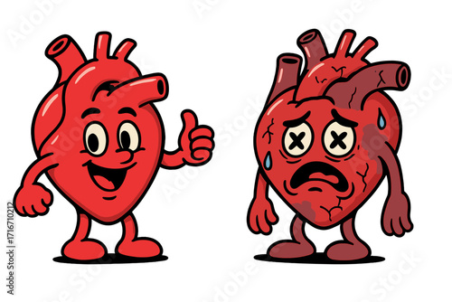 Heart human organ healthy vs unhealthy. Medical anatomic funny 90s retro cartoon character. Pair in comparison happy against sick, damaged. Health and heart disease metaphor.