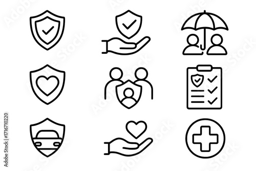 Linear insurance icons set for protection, safety, and healthcare. Vector symbols for family, life, car, and medical insurance. Shield, heart, and policy illustrations.
