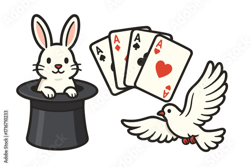 Magic show vector icon set. Cartoon rabbit in a top hat, a flying dove, and four aces playing cards. Magician equipment for performance, illusion, tricks, and entertainment.