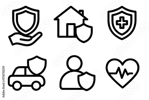 Insurance icons set. Linear symbols for protection, safety, and healthcare. Vector icons for car, home, life, and health insurance. Shield, medical cross, and person.