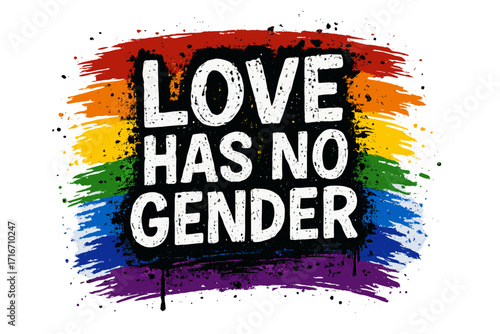 Love has no gender LGBT quote in grunge graffiti style. Vector typography on abstract rainbow flag background. Urban street art for print, gay pride, social equality concept.