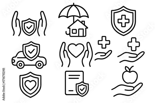 Insurance icon set. Health, life, car, property insurance. Protection, safety, security concept. Healthcare and medical symbol. Vector outline illustration financial services.