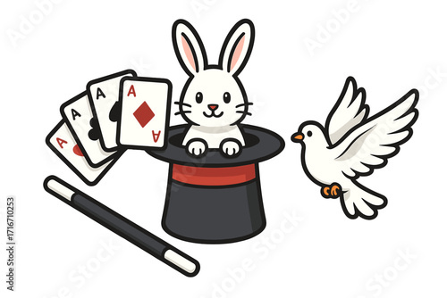 Magic show vector icon set with rabbit in top hat, magic wand, four aces playing cards and a white dove. Cartoon illustration for entertainment, circus performance, or illusionist trick concept.