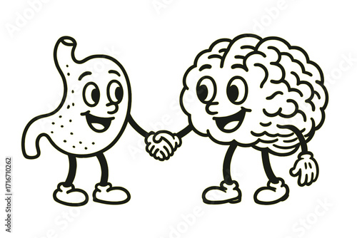 Gut brain axis retro cartoon characters connection. Metaphor for second brain and mental health. Psychology and microbiome science concept. Healthy digestion and mind harmony.