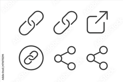 Link and share line icon set. Hyperlink, connection, and network symbols. Minimal vector pictogram collection for web design, UI, UX, and app interface. Editable stroke.