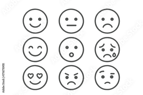 Minimalist emoji faces expressions and emotions in simple line design. Vector emoticon character icon set. Happy, sad, love, angry smileys for feedback and mood rating.