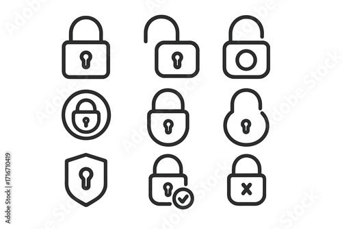 Lock line icon set for security and protection. Padlock pictogram collection for web and app interface design. Vector symbols for access, privacy, locked and unlocked states.