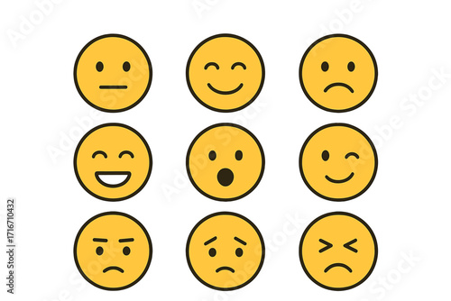 Minimalist emoji faces set with unique expressions. Simple line art emoticons. Vector cartoon illustration pack. Character head collection with happy, sad, and angry emotions.