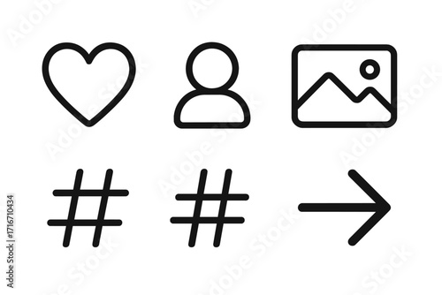 Social media minimalist icon set. Like, user profile, photo gallery, hashtag, and share arrow. Simple line art for UI and UX design. Web buttons for app interface.