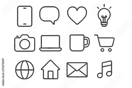 Minimalist line art icon set. Vector collection of everyday objects and symbols for web, mobile apps, and user interface design. Includes phone, chat, heart, camera, shopping, home, mail.