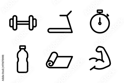Fitness icons set for workout and gym. Minimalist line art vector illustration. Dumbbell, treadmill, stopwatch, bottle, yoga mat, and muscle icons for health and sport.