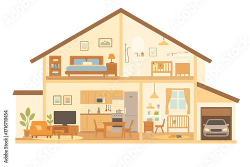 House in cross section. Detailed modern interior. Home cutaway with living room, kitchen, bedroom, nursery and garage. House inside view with furniture. Flat vector illustration.