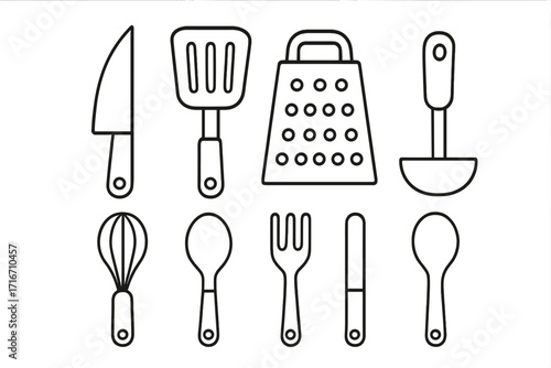 Minimalist kitchen utensils icon set. Line art vector of essential cooking tools. Includes knife, spatula, grater, ladle, whisk, fork, and spoon for food preparation concept.