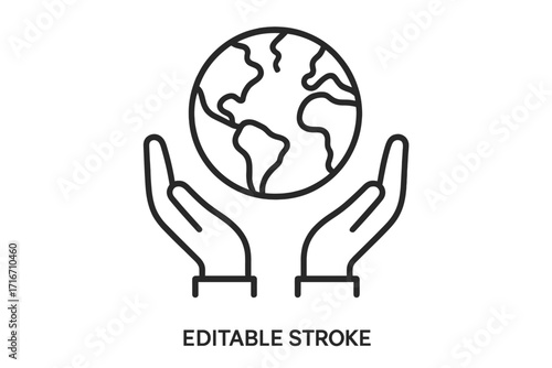 Hands protecting Earth icon. Sustainability, care, global responsibility, ecology. Metaphor for saving the planet, environmental conservation. World in hands vector illustration.