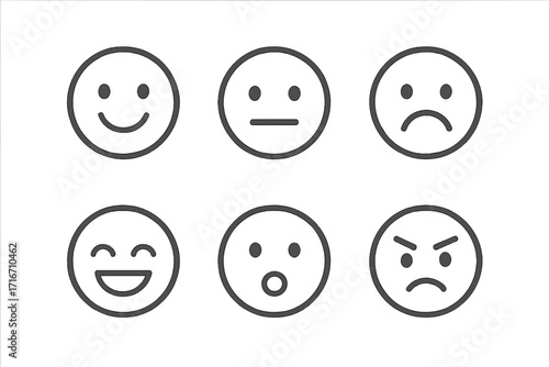 Emoji face icon set. Minimalist line art emoticons with range of emotions. Vector cartoon illustration. Happy, sad, angry, neutral, surprised mood symbols. Simple outline.