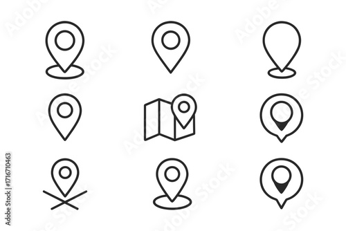 Map pin line icon set. Location marker and destination pointer symbol collection. GPS navigation and travel route concept. Editable stroke vector illustration for web and app design.