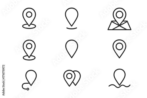 Map pin line icon set. Location marker, navigation pointer, destination symbol. Minimalist GPS signs for web, app, and UI design. Editable stroke vector icons collection.