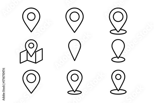Map pin line icon set. Location marker, navigation sign, GPS destination pointer collection. Minimalist vector pictogram bundle for UI, UX, web, and app design. Editable stroke.